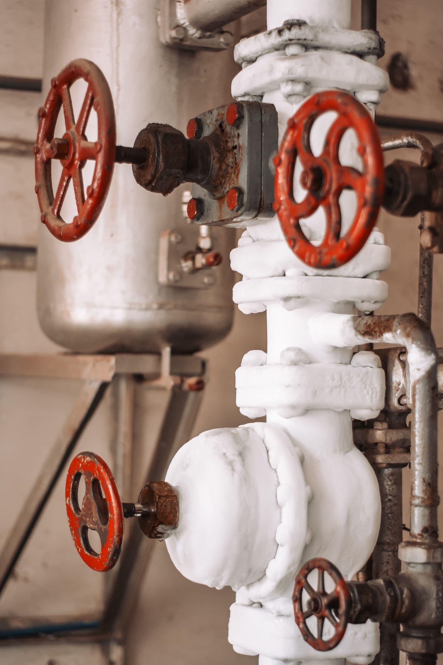 Red handwheel valves on white-coated pipework